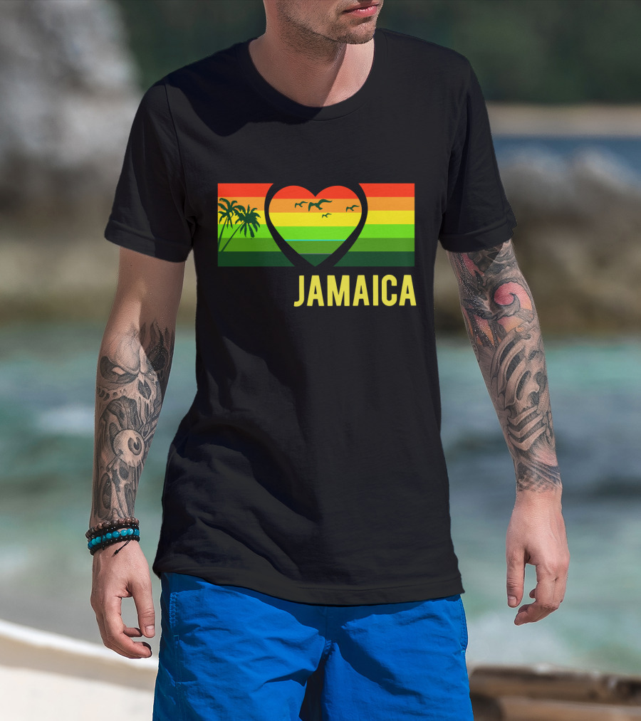 Jamaica Heart Rasta Reggae Sunset With Palm Trees And Birds T-Shirt