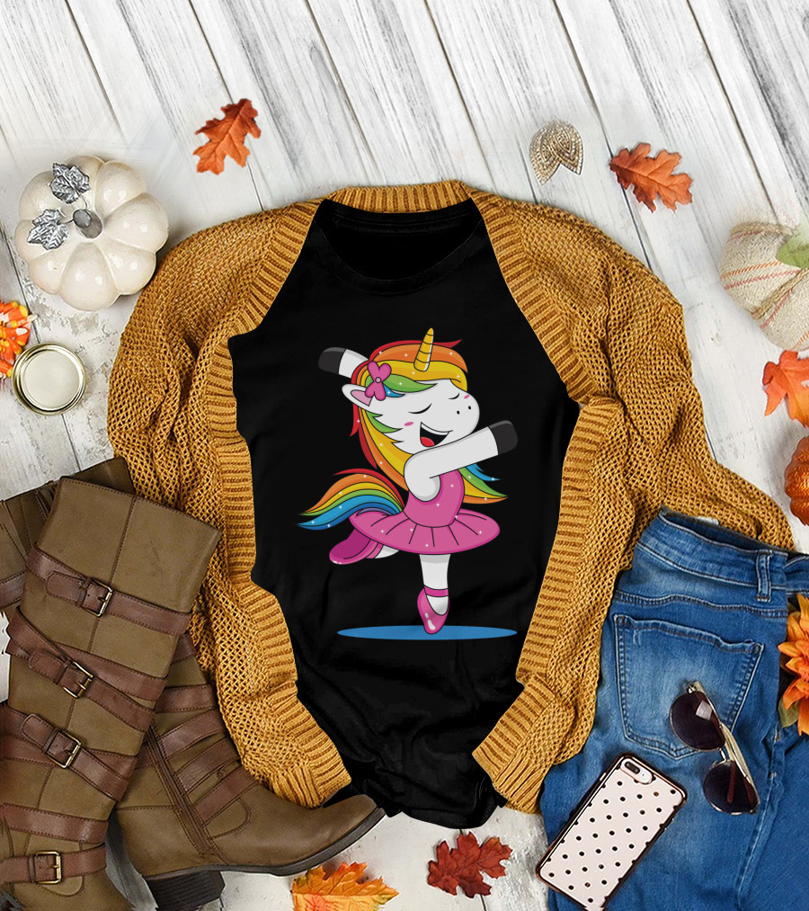 Unicorn Ballet Rainbow Dancer with Pink Tutu and Flower Bow T-Shirt
