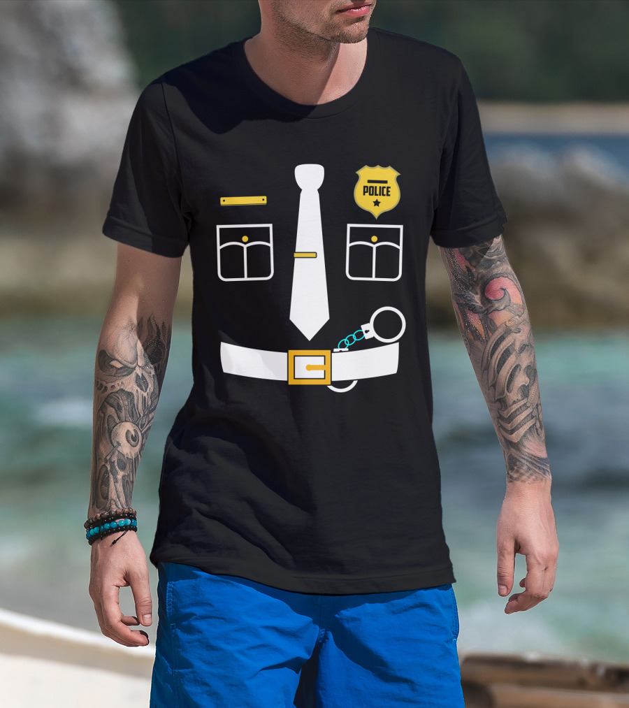 Police Uniform Icon With Handcuffs, Tie, Badge And Belt T-Shirt