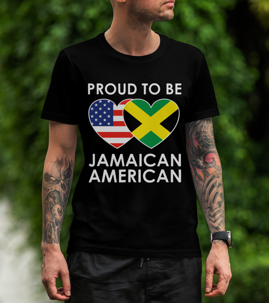 Proud To Be Jamaican American USA Flag Jamaican Flag Hearts T-Shirt