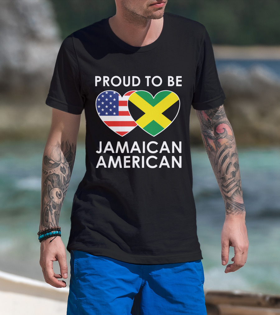 Proud To Be Jamaican American USA Flag Jamaican Flag Hearts T-Shirt
