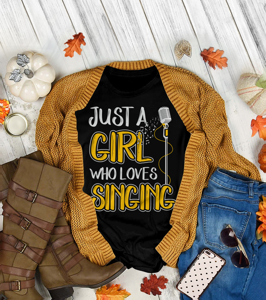 Just A Girl Who Loves Singing Microphone and Musical Notes T-Shirt