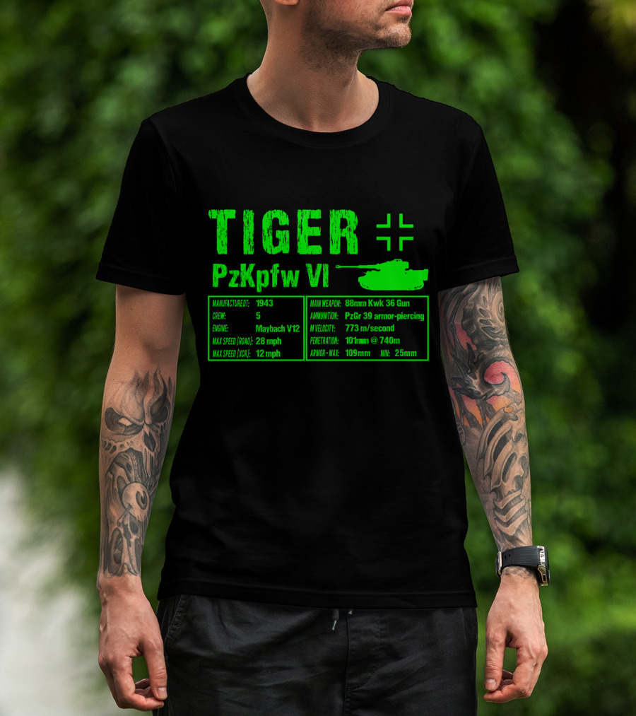 Tiger PzKpfw VI 1943 German Heavy Tank Specs With 88mm KwK 36 Gun T-Shirt