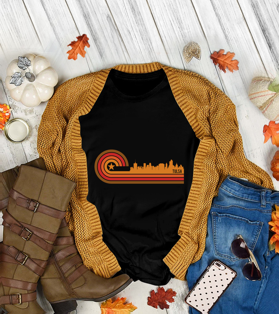 Retro Tulsa OK Skyline with Star and Sunset Stripes T-Shirt