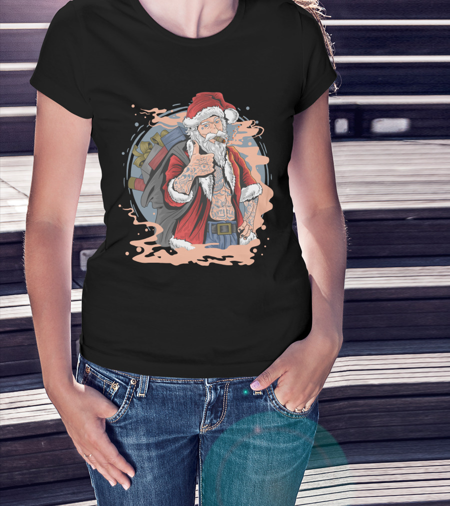 Christmas Santa Claus Smoking Tattooed Holiday Thumbs Up T-Shirt