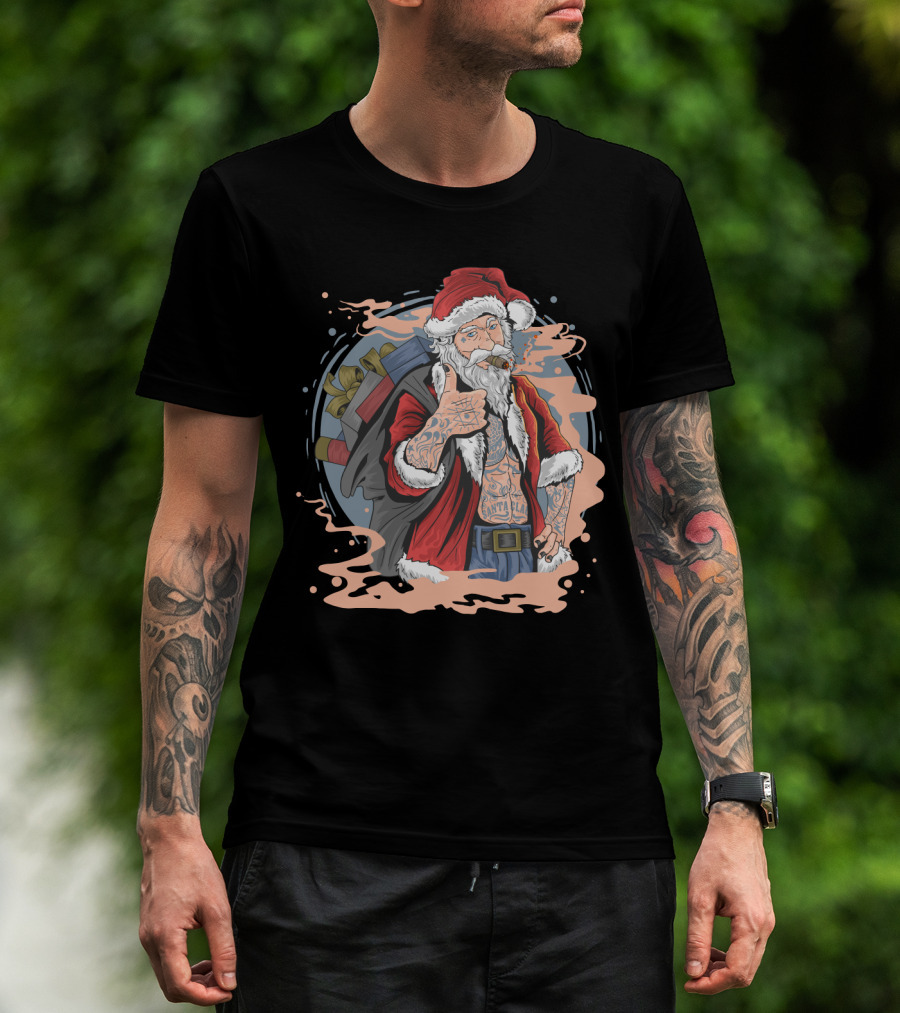 Christmas Santa Claus Smoking Tattooed Holiday Thumbs Up T-Shirt