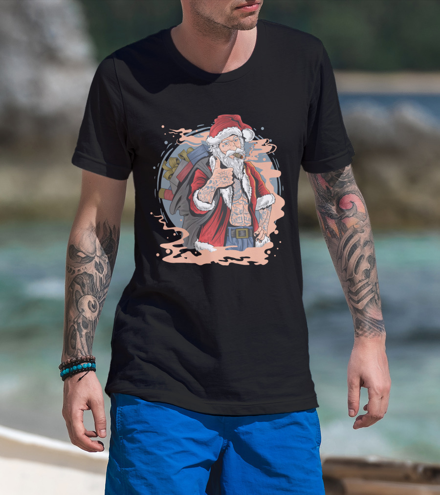 Christmas Santa Claus Smoking Tattooed Holiday Thumbs Up T-Shirt