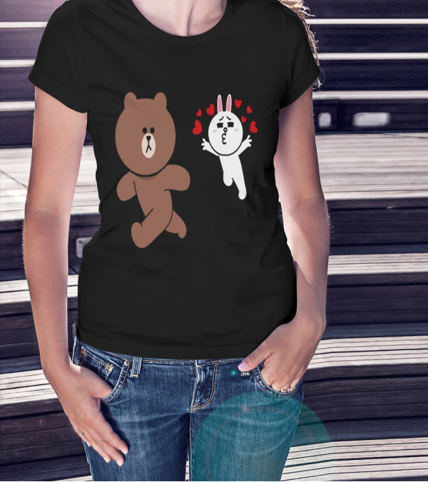 Cute Brown Bear Cony Bunny Rabbit Love Hearts Chase Valentine's Day Run T-Shirt