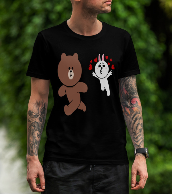 Cute Brown Bear Cony Bunny Rabbit Love Hearts Chase Valentine's Day Run T-Shirt