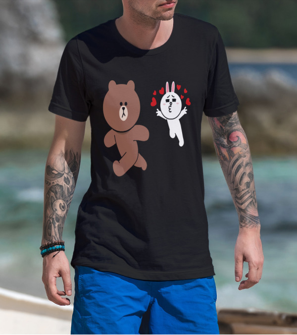 Cute Brown Bear Cony Bunny Rabbit Love Hearts Chase Valentine's Day Run T-Shirt