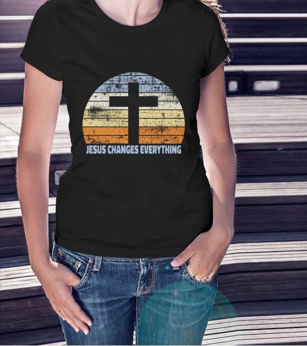 Faith Cross Jesus Changes Everything Vintage Christian Retro Sunset T-Shirt