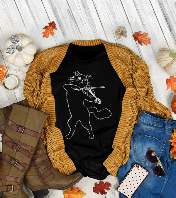 Fiddle Violin Cat Playing Musician Instrument Band Strings T-Shirt