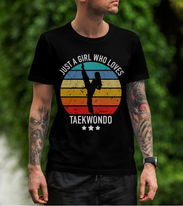Just A Girl Who Loves Taekwondo Vintage Silhouette Rainbow Stripes T-Shirt