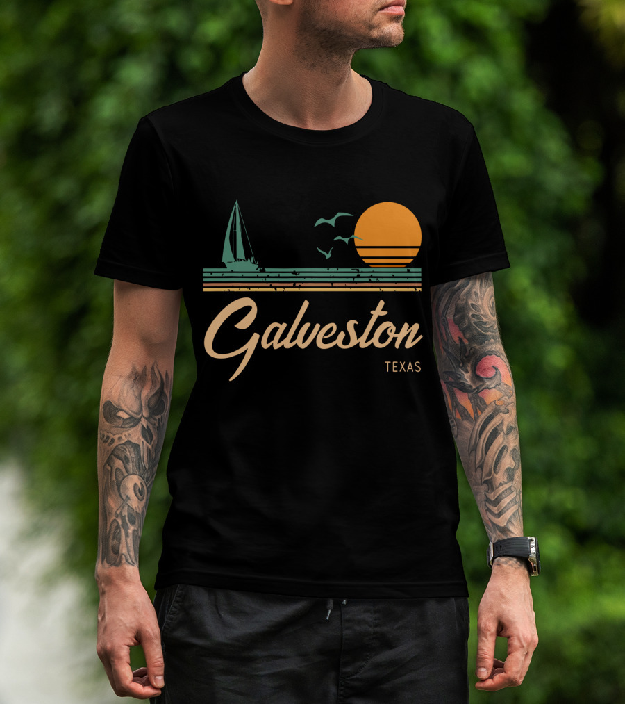 Vintage Galveston Texas Sailboat And Sunset Scene T-Shirt