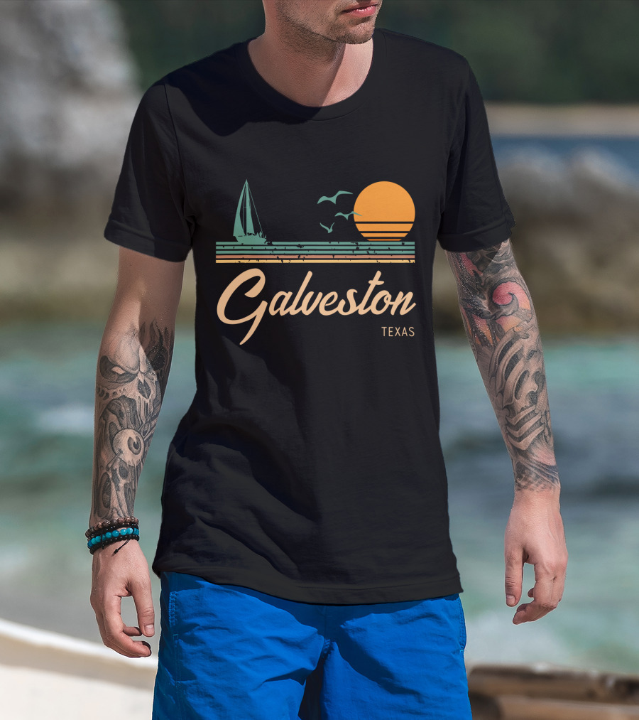 Vintage Galveston Texas Sailboat And Sunset Scene T-Shirt