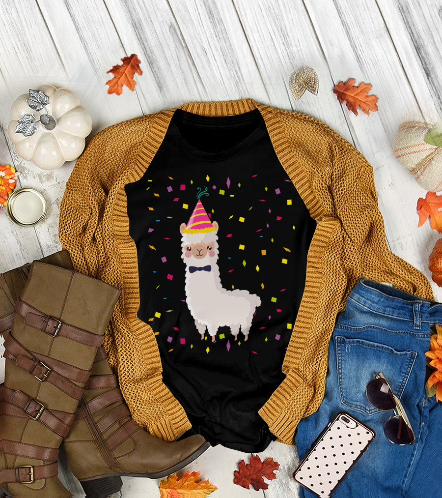 Funny Alpaca Birthday Party Celebration with Confetti T-Shirt