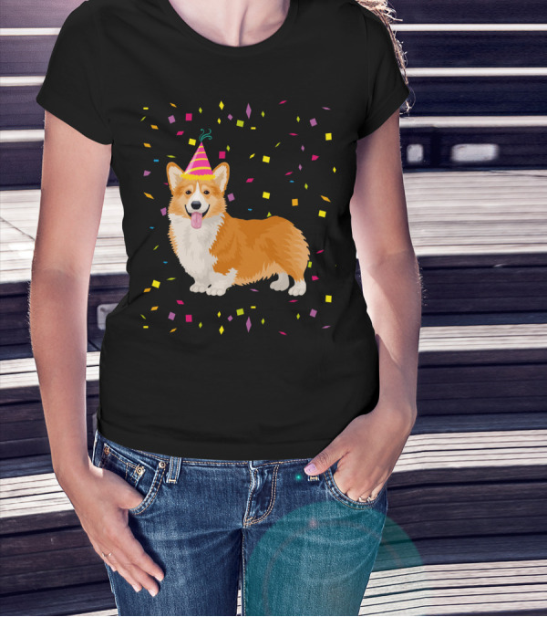Welsh Corgi Birthday Party With Confetti And Party Hat T-Shirt