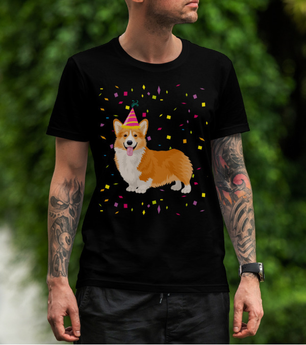 Welsh Corgi Birthday Party With Confetti And Party Hat T-Shirt