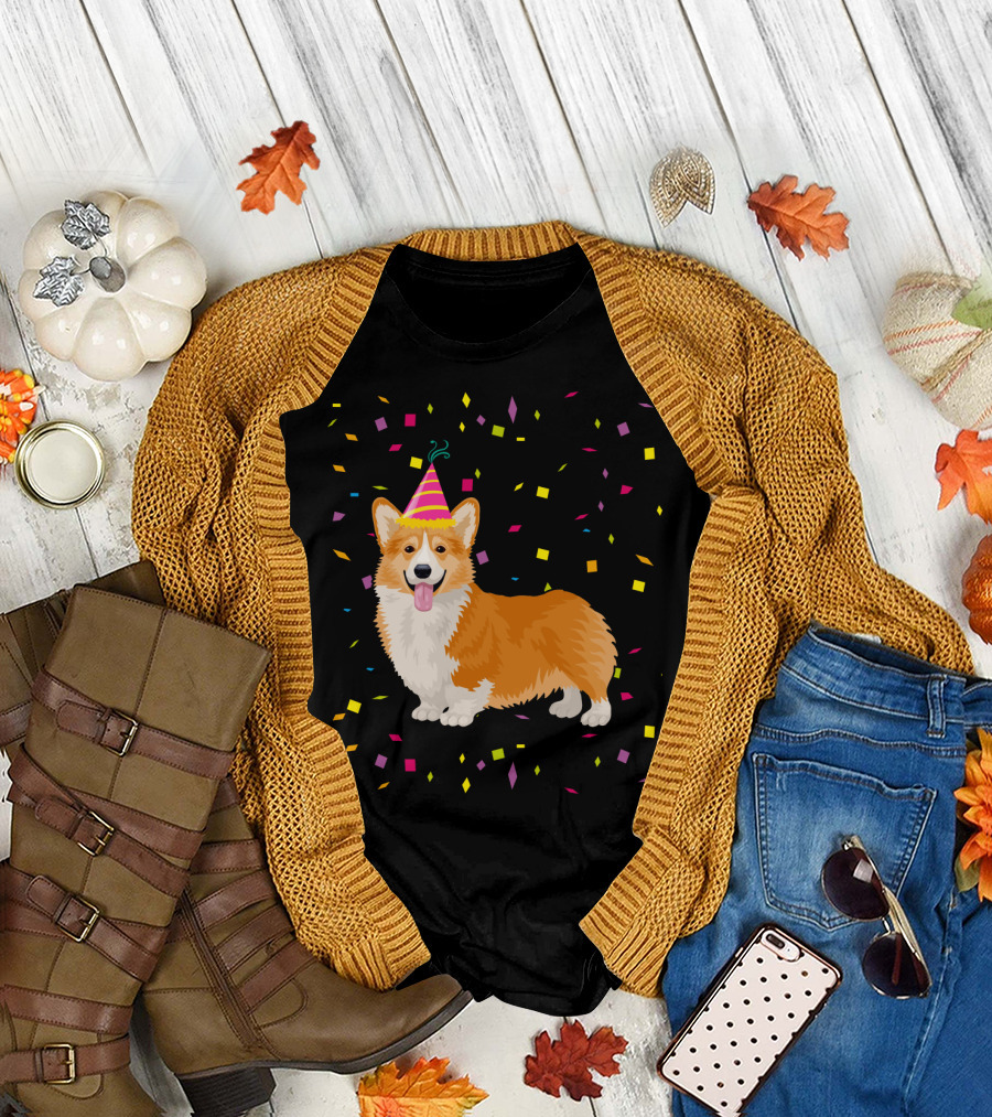 Welsh Corgi Birthday Party with Confetti and Party Hat T-Shirt