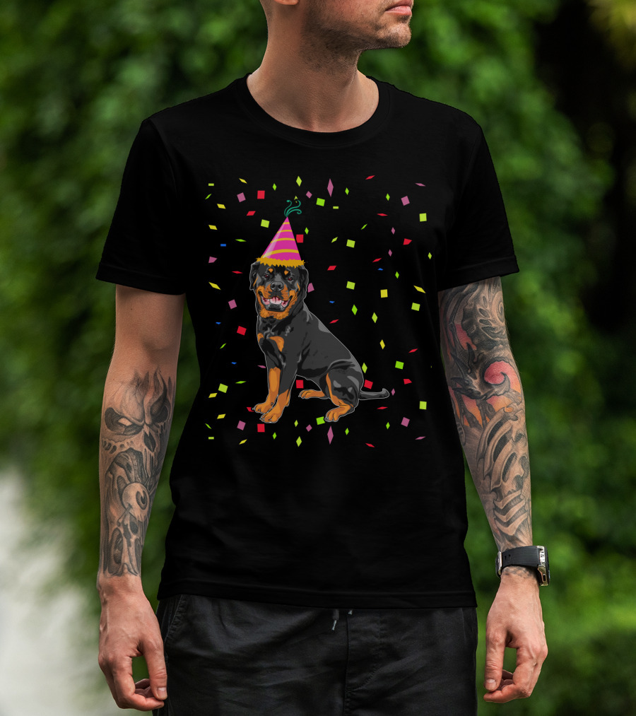 Funny Rottweiler Birthday Party Hat And Confetti T-Shirt