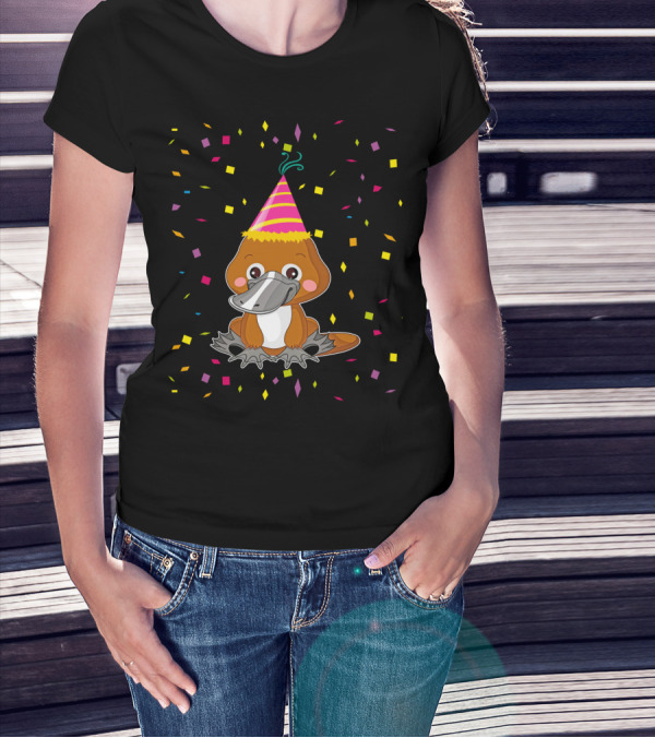 Funny Platypus With Party Hat And Confetti Celebration Birthday T-Shirt