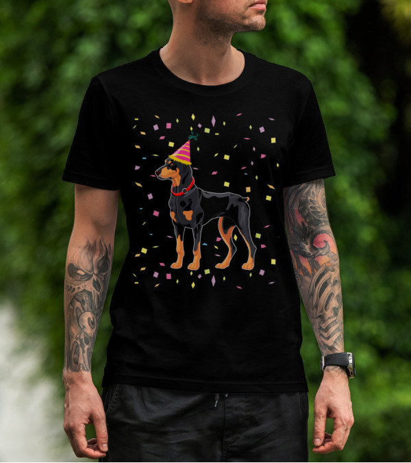Doberman With Party Hat And Confetti T-Shirt