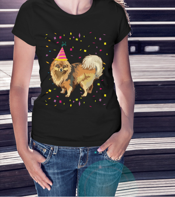 Pomeranian Birthday Party Funny Dog With Confetti And Party Hat T-Shirt