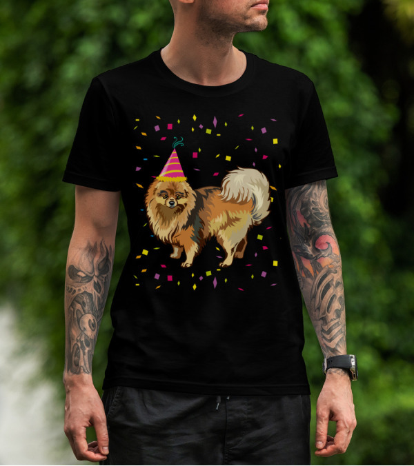 Pomeranian Birthday Party Funny Dog With Confetti And Party Hat T-Shirt