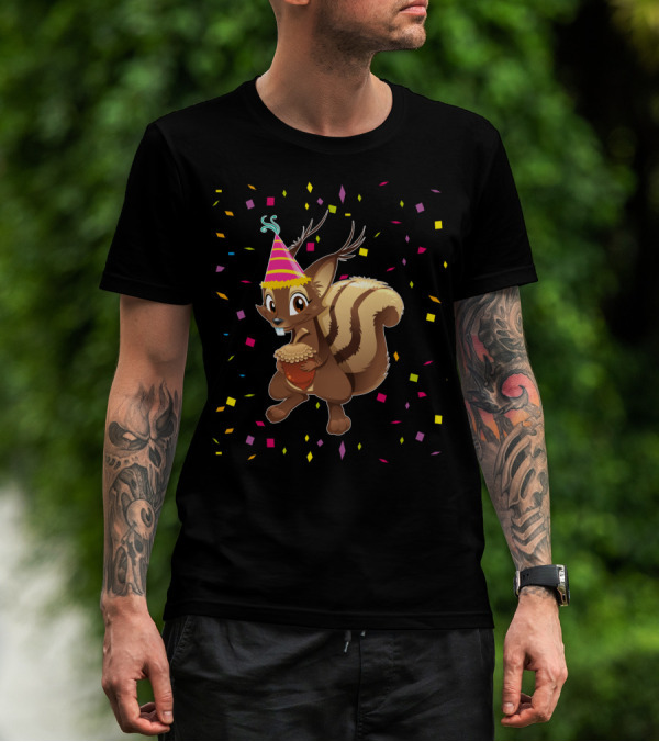 Funny Squirrel Party Hat Holding Acorn Birthday Confetti T-Shirt