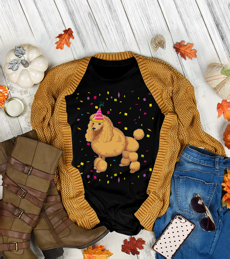 Funny Poodle Birthday Dog with Party Hat and Confetti T-Shirt