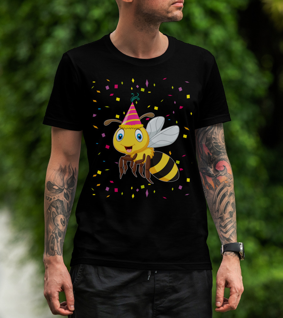 Funny Bee Birthday With Confetti And Party Hat T-Shirt