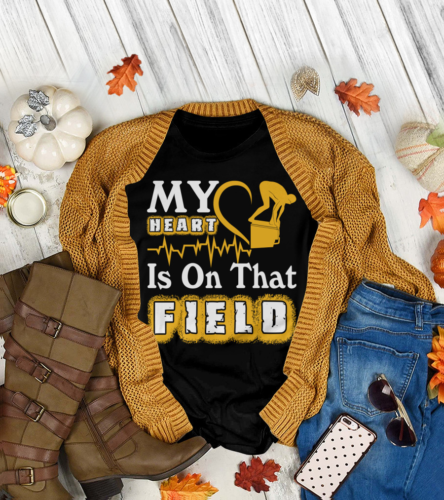 My Heart Is On That Field Swimming Dive Silhouette Heartbeat T-Shirt