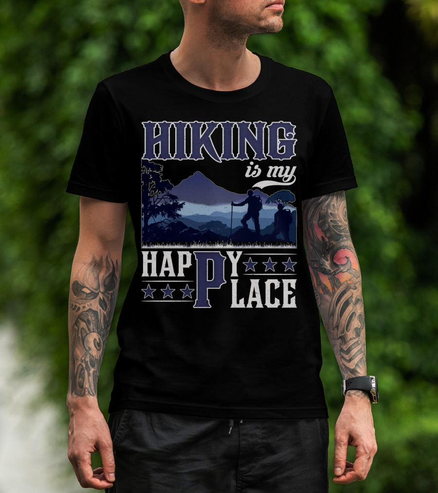 Hiking Is My Happy Place Mountain Silhouette Adventure T-Shirt