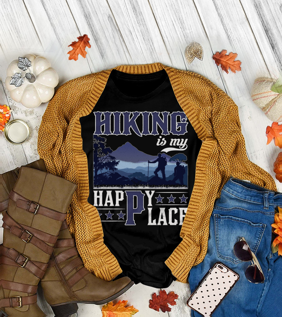 Hiking Is My Happy Place Mountain Silhouette Adventure T-Shirt