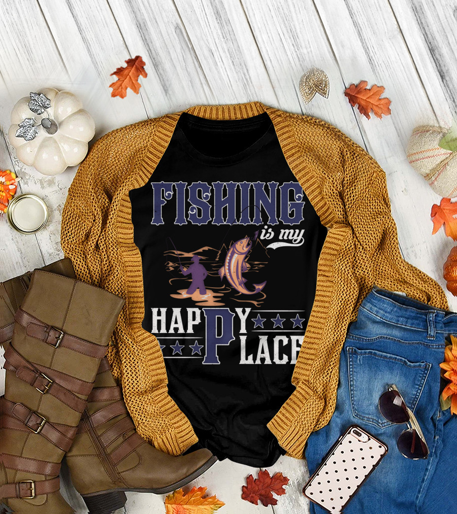 Fishing Is My Happy Place with Angler and Fish T-Shirt