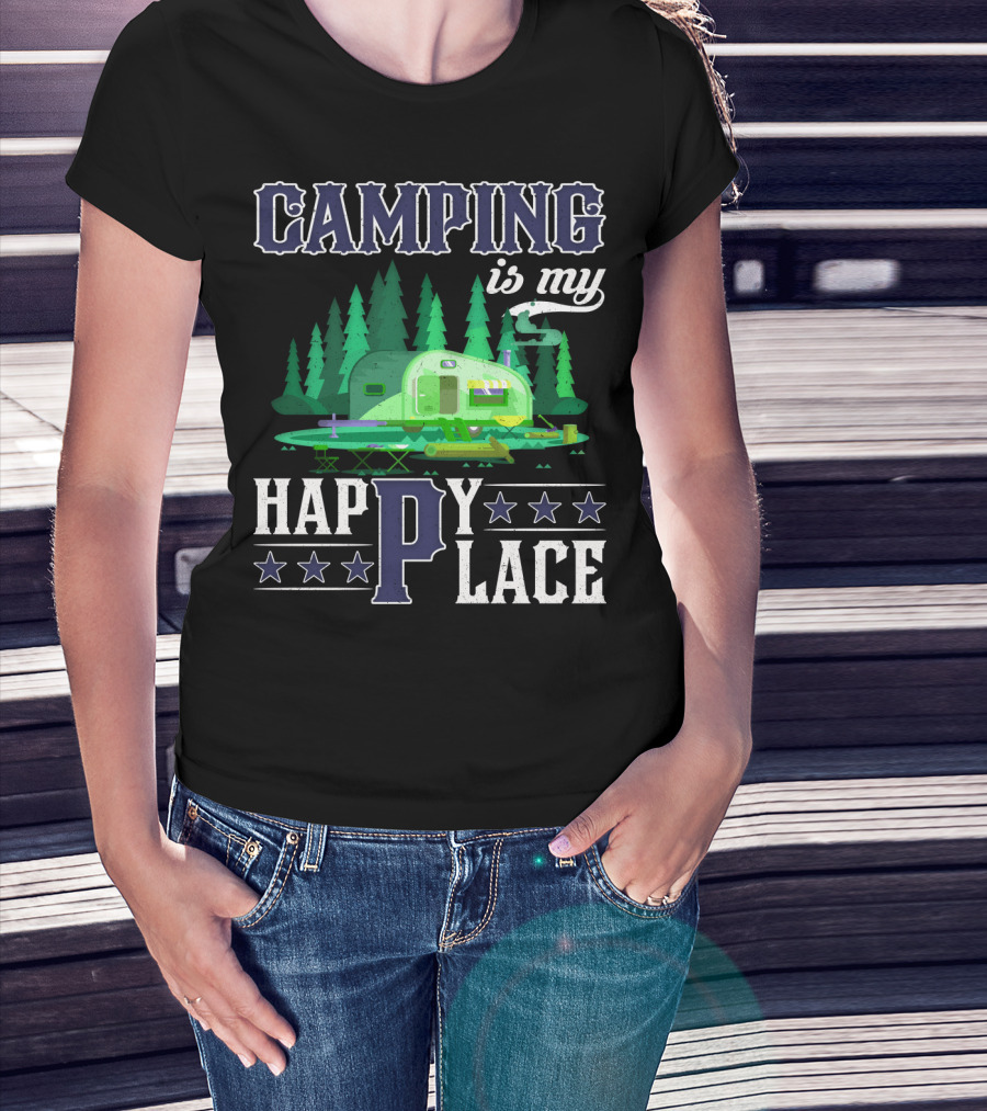 Camping Is My Happy Place Camper Forest Scene With Stars T-Shirt