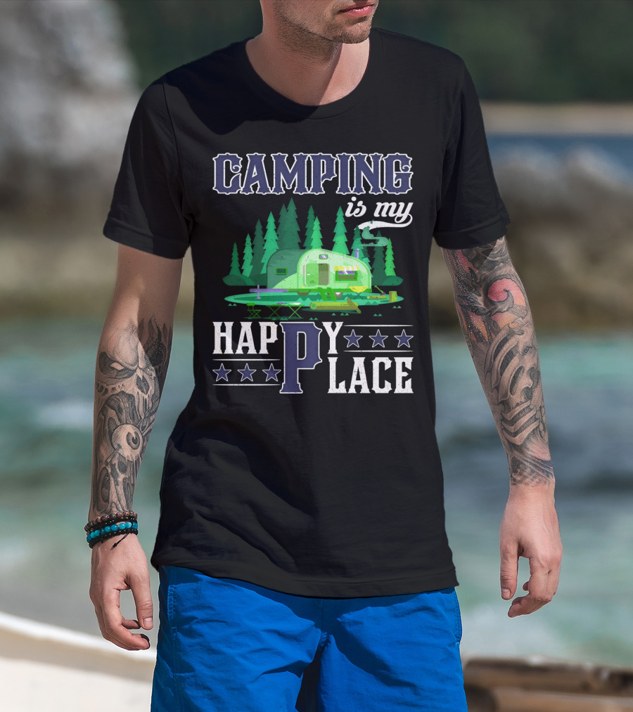 Camping Is My Happy Place Camper Forest Scene With Stars T-Shirt