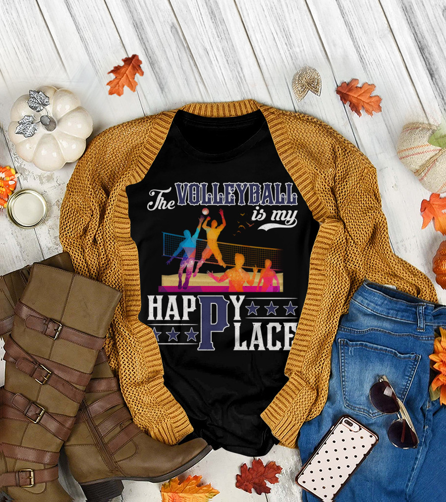 The Volleyball Is My Happy Place Colorful Players Action Scene T-Shirt