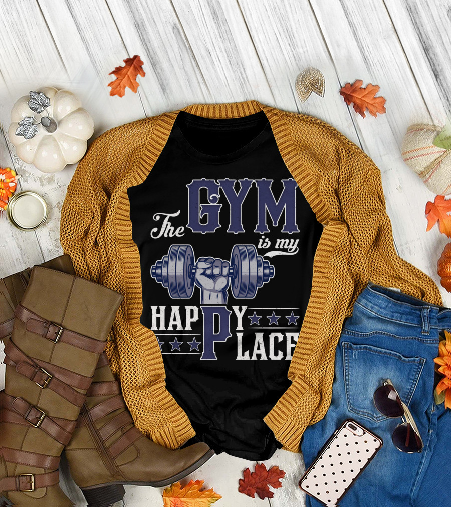 The Gym Is My Happy Place with Dumbbell and Stars T-Shirt