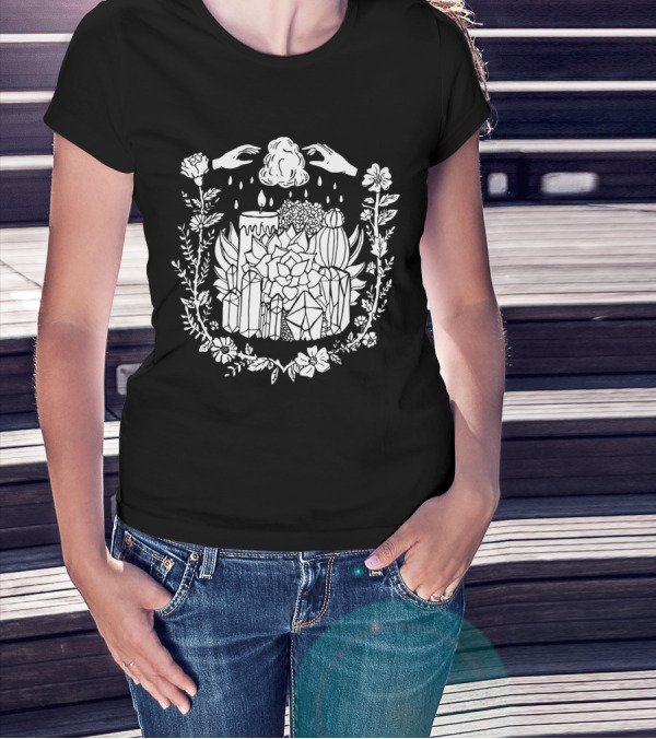 Crystals Succulents Candle Hand Magic Floral Border T-Shirt