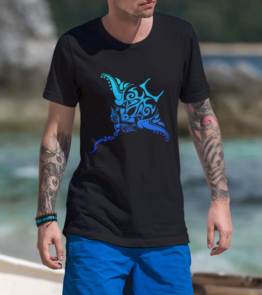 Hawaiian Tribal Stingray Polynesian Tattoo Style Blue T-Shirt
