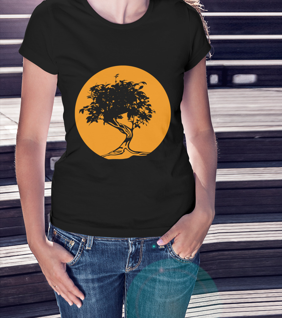 Bonsai Japan Yin Yang Monk Tree Silhouette Circle T-Shirt