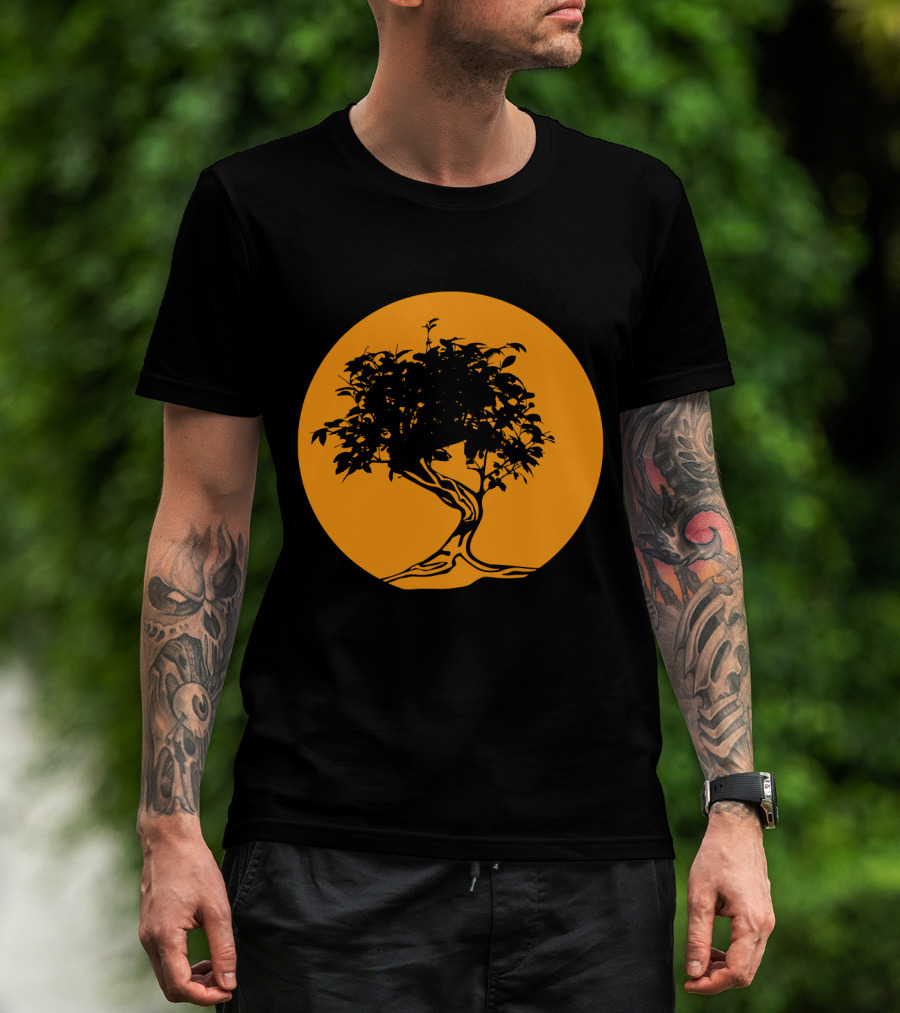 Bonsai Japan Yin Yang Monk Tree Silhouette Circle T-Shirt