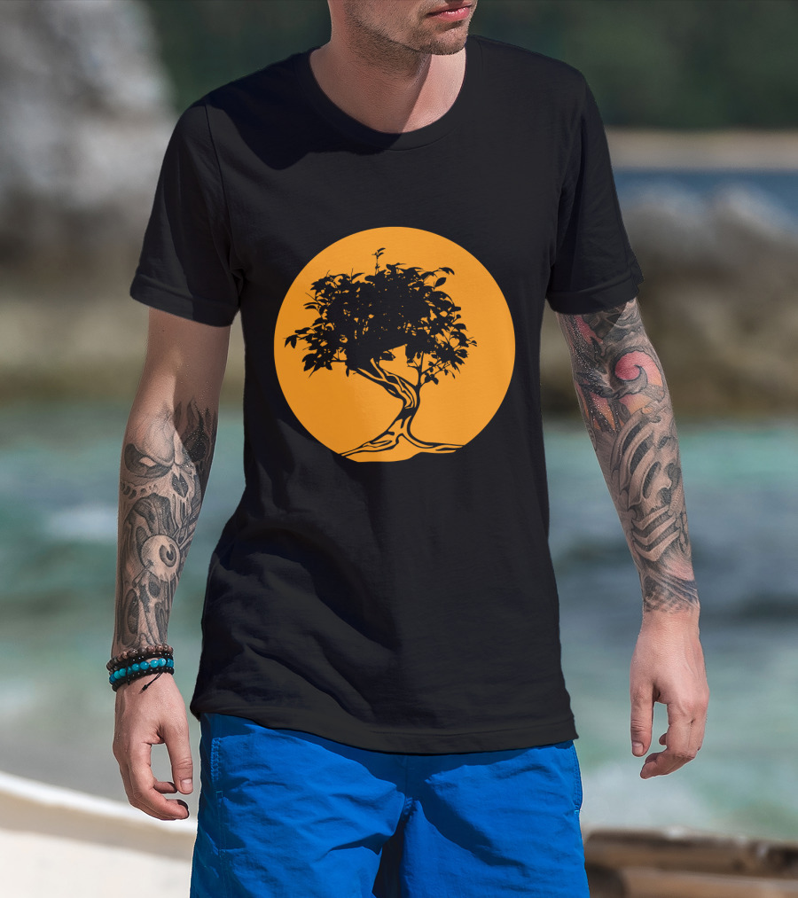 Bonsai Japan Yin Yang Monk Tree Silhouette Circle T-Shirt