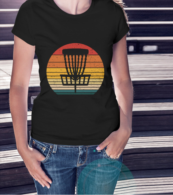 Retro Disc Golf Basket Sunset Stripes T-Shirt