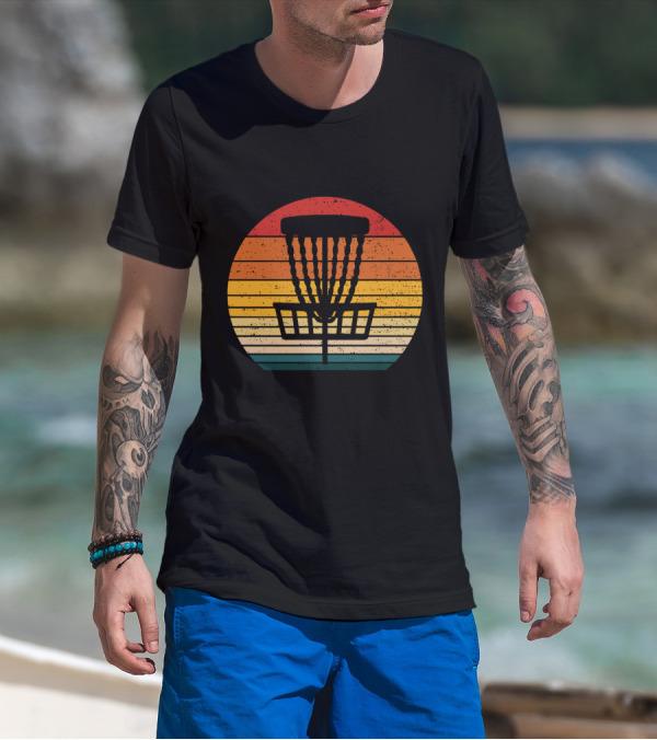 Retro Disc Golf Basket Sunset Stripes T-Shirt