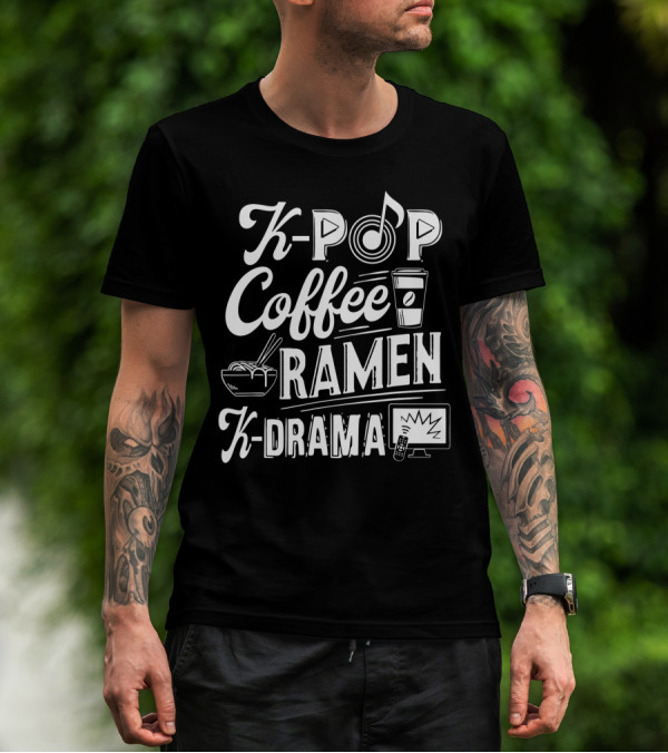 Kpop Coffee Ramen K Drama Music Note Coffee Cup Ramen Bowl TV Remote T-Shirt