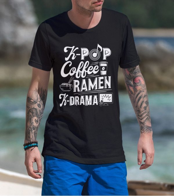 Kpop Coffee Ramen K Drama Music Note Coffee Cup Ramen Bowl TV Remote T-Shirt