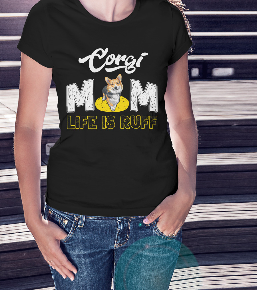 Corgi Mom Life Is Ruff Corgi On Yellow Rug T-Shirt