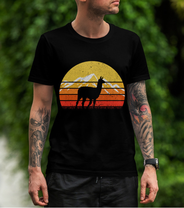 Retro Vintage Alpaca Silhouette Sunset Mountain Scene T-Shirt